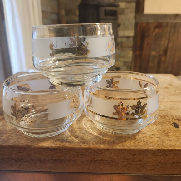 Vintage Libbey Golden Foliage Condiment Server 3 Bowl Metal Caddy MCM Party Set - Picture 11 of 11